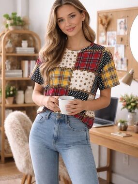 Zara Patchwork Short Sleeve Top in Red, Yellow, Black & Cream